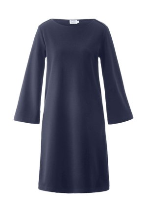 Marineblaues, knielanges Kleid mit langen, leicht ausgestellten Ärmeln und rundem Ausschnitt, präsentiert vor einem weißen Hintergrund.