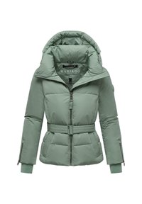 Lichtgroene puffy jas met een verstelbare taille, grote capuchon en een ritssluiting aan de voorkant. Beschikt over een gestructureerde stof en elastische manchetten. Merklabel zichtbaar aan de binnenzijde.