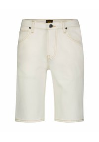 Light-colored denim shorts with a straight cut, five-pocket design, and contrasting yellow stitching. Black metal button and logo label.