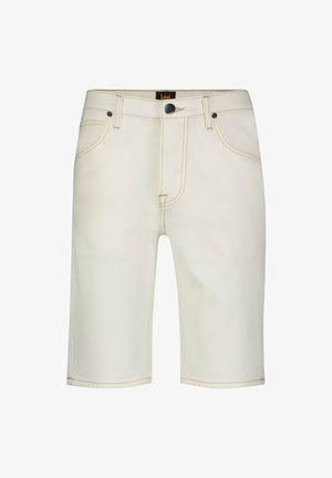 Bermuda in denim chiaro con taglio dritto, design a cinque tasche e cuciture gialle a contrasto. Bottone in metallo nero e etichetta con logo.