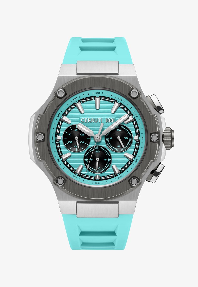 Cerruti 1881 laikrodis su žalsvos spalvos guminiu dirželiu, nerūdijančio plieno korpusu, tekstūruotu akvamarino spalvos ciferblatu ir juodais subdials. Sidabriniai valandų žymekliai ir rodyklės.
