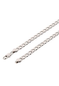 Metalen ketting met een glanzende zilveren afwerking, voorzien van in elkaar grijpende schakels en musketonhaakjes aan beide uiteinden. Overal een gladde textuur.