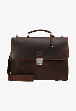 Brun læder aktetaske med klaplukning, metalspænde, aftagelig skulderrem og diskret branding på forsiden. Struktureret finish.