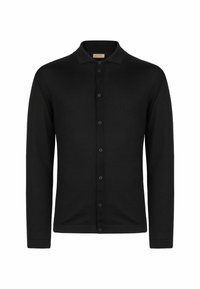 Svart cardigan i mjukt tyg med knäppning fram, krage och långa ärmar. Har matchande svarta knappar och en ren design.