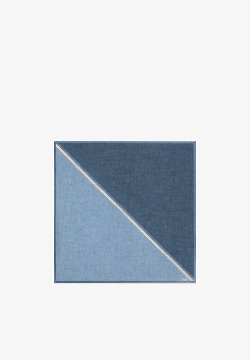 Foulard carré avec une division diagonale bicolore bleue et une fine ligne blanche séparant les couleurs, texture du tissu visible.