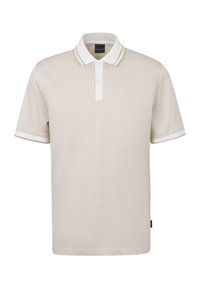 Beige Poloshirt mit einem strukturierten Fischgrätmuster, weißem Kragen und Ärmelfinishing, mit zweiknöpfiger Knopfleiste, kurzen Ärmeln und dezentem Branding.