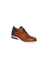 Hnědá kožená bota s semišovou námořnickou patou, kulatou špičkou a šněrovacím designem. Disponuje bílou gumovou podrážkou a kontrastním prošíváním.