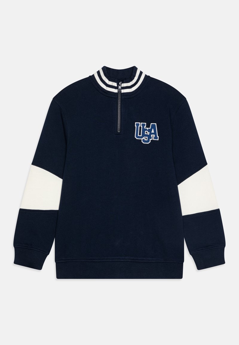 Navy pullover with a quarter zip, white and navy striped collar, features a white band on sleeves, and "USA" embroidered on chest.