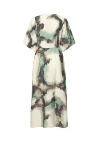 Dlhé šaty s krátkymi širokými rukávmi, vykrojeným pásom a abstraktným akvarelovým vzorom v tónoch tyrkysovej, hnedej a krémovej, zobrazené zozadu.