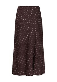 Falda marrón con un diseño fluido, que presenta un patrón de pequeños lunares rosas. Fabricada con un material suave y ligero para un uso cómodo.