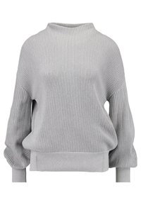 Pull en maille gris avec un col montant, des manches larges et une texture côtelée. Présente une coupe décontractée et un ourlet inférieur bordé.