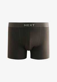 Tmavohnědé boxerské šortky vyrobené z měkké tkaniny, s jednobarevným designem a šedým logem "NEXT" na pásku.