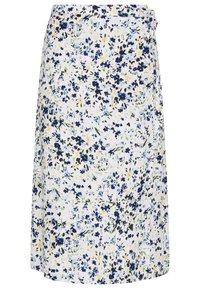 Jupe portefeuille à motifs floraux sur un fond blanc avec des motifs bleus, jaunes et verts. Fabriquée en tissu léger, de design mi-long.