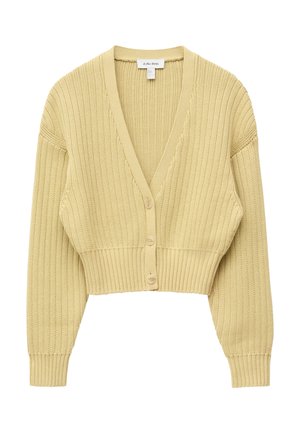 Beige geripptes Strick-Cropped-Cardigan mit langen Ärmeln und drei Knöpfen vorne.