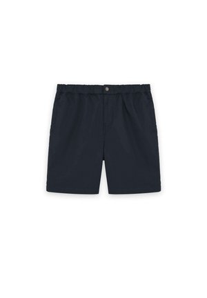 Shorts bleu marine à taille élastique avec fermeture à bouton-pression et poches latérales, posés à plat sur un fond blanc.