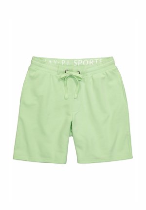 Hellgrüne Sportshorts mit elastischem Bund, Kordelzug und Seitentaschen, flach auf weißem Hintergrund ausgelegt.