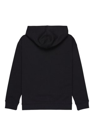 Zwarte capuchontrui, gezien van achteren, met lange mouwen en geribbelde boorden en zoom op een witte achtergrond.