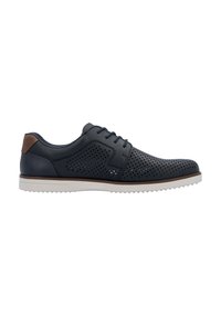 Navy leather shoes with perforated design, contrasting brown heel accent, white rubber sole, and round toe, featuring traditional lace-up closure.
