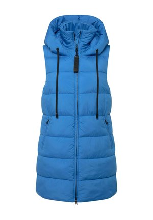 Gilet rembourré bleu avec une capuche, fermeture éclair sur toute la longueur et cordons de réglage. Comprend deux poches latérales et une texture matelassée.