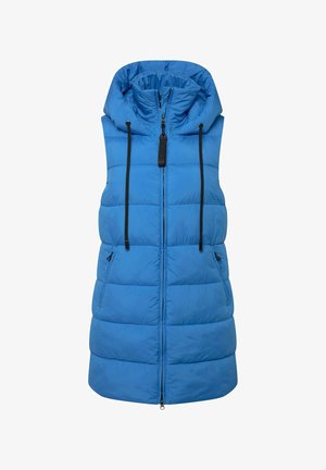 Gilet rembourré bleu avec une capuche, fermeture éclair sur toute la longueur et cordons de réglage. Comprend deux poches latérales et une texture matelassée.