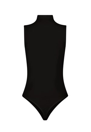 Schwarzer ärmelloser Bodysuit mit hohem Kragen, figurbetonter Passform und hohen Beinausschnitten für eine schlanke Silhouette. Glattes, elastisches Material.