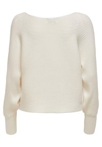 Pull crème côtelé avec un large col et des manches longues. Il présente une coupe légèrement courte et un tissu texturé.