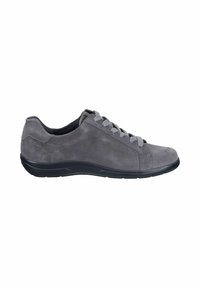 Gray suede sneaker with a rounded toe, flat rubber sole, and six lace eyelets. The design features a smooth texture and minimalistic style.