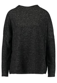 Svart, löst sittande tröja i strukturerad stickad tyg. Har en vid krage och sänkt axelsöm. Enfärgad med subtila variationer.