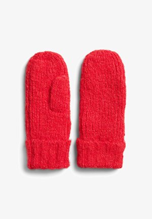Røde strikkede vanter med en manchet, der har en separat tommelfingersektion. Blød tekstur og tykkere garn, som tilbyder varme og dækning.