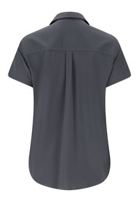 Donkergrijs shirt met korte mouwen, achterplooien, inzetstukdetails en afgeronde zoom, gezien van achteren.