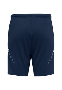 Marineblauwe sportshorts met een gladde textuur, elastische tailleband en reflecterende stippen aan de zijkanten. Minimalistisch ontwerp zonder zakken.
