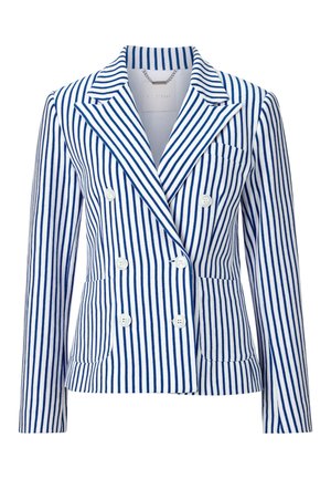 Doppelt angezogener Blazer in Blau und weißen vertikalen Streifen, mit großen Knöpfen, Reverskragen und zwei Fronttaschen.