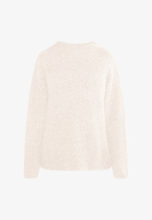 Jasny beżowy sweter, miękka faktura, luźny krój, okrągły dekolt, długie rękawy, prążkowany wzór, lekko dłuższy tylny brzeg.