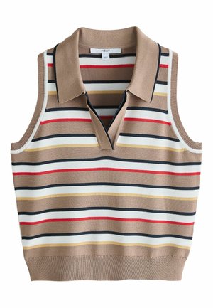 Bezrukávový pletený polokošeľový sveter s béžovými, bielymi, čiernymi, červenými a horčicovými vodorovnými pruhmi a rebrovaným lemom.