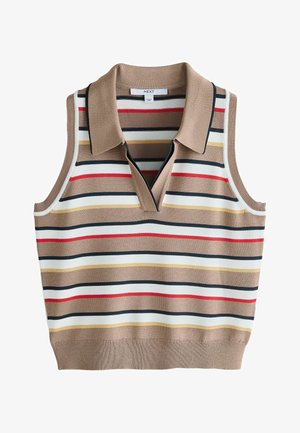Gilet polo sans manches en maille avec des rayures horizontales beige, blanc, noir, rouge et moutarde et un ourlet côtelé.