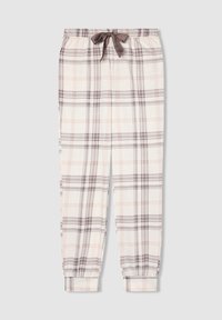 Pantaloni del pigiama in cotone morbido color beige con ampio motivo a quadri grigi e pesca chiaro, con polsini elasticizzati, cintura con elastico e lacci grigi in vita.