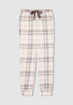 Pantaloni del pigiama in cotone morbido color beige con ampio motivo a quadri grigi e pesca chiaro, con polsini elasticizzati, cintura con elastico e lacci grigi in vita.