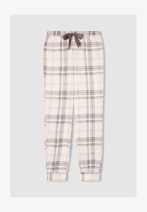 Pantaloni del pigiama in cotone morbido color beige con ampio motivo a quadri grigi e pesca chiaro, con polsini elasticizzati, cintura con elastico e lacci grigi in vita.