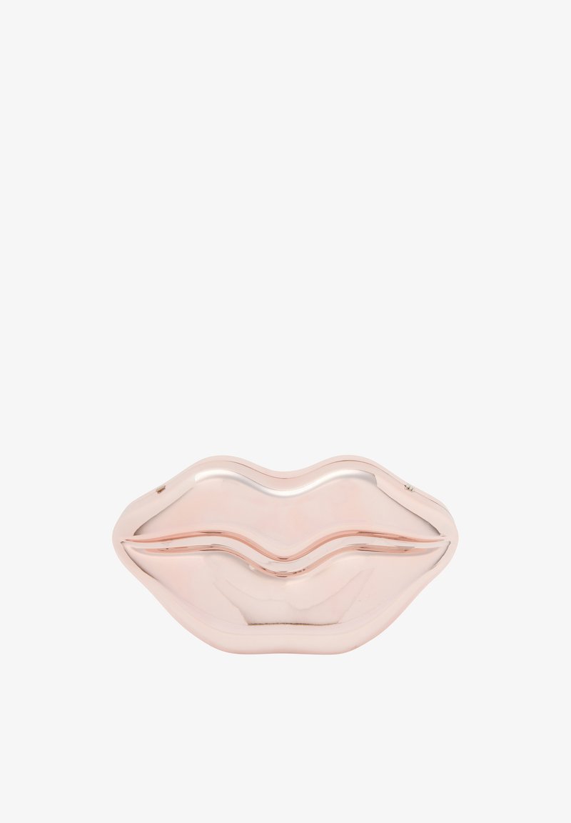 Taca w kształcie ust w kolorze różowego złota, o gładkiej, błyszczącej powierzchni, z falistym wzorem i subtelnymi wklęśnięciami dla dodatkowej tekstury.