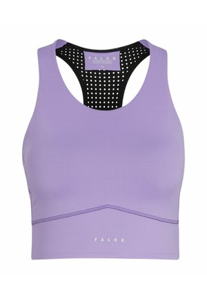Set di reggiseno sportivo e pantaloni corti viola realizzato in tessuto elasticizzato, caratterizzato da un design aderente, cuciture senza soluzione di continuità e una vita alta.