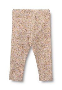 Legginsy z gęstym kwiatowym wzorem, prezentujące małe beżowe, brązowe i fioletowe kwiaty na jasnym tle.