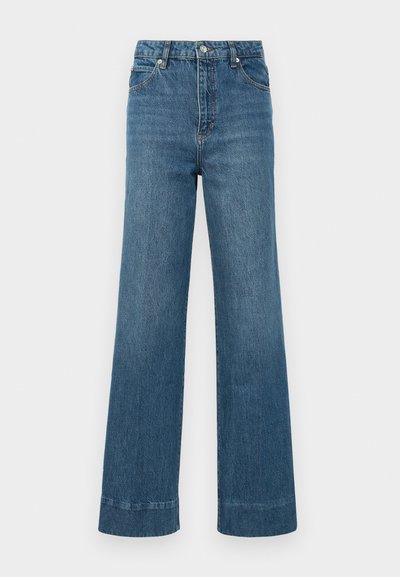 Wide-leg blue denim jeans feature a high waist, five-pocket design, and a frayed hem. The fabric has a smooth texture with slight fading.