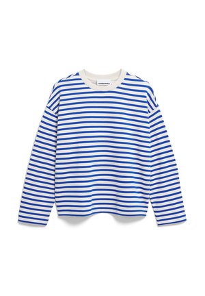 Gestreifter Pullover mit blauen und weißen horizontalen Streifen, Rundhalsausschnitt, langen Ärmeln und lockerem Sitz, gefertigt aus weichem Baumwollstoff.