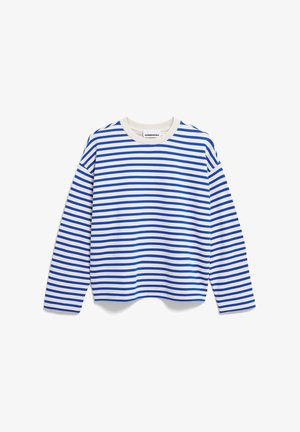 Gestreifter Pullover mit blauen und weißen horizontalen Streifen, Rundhalsausschnitt, langen Ärmeln und lockerem Sitz, gefertigt aus weichem Baumwollstoff.