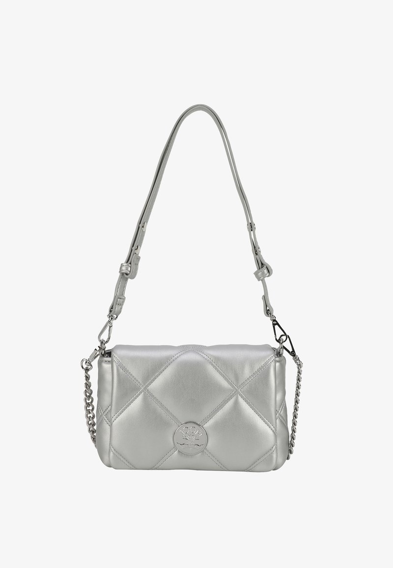 Borsa a tracolla silver trapuntata con catena e tracolla regolabile, texture liscia e logo stampato sul davanti. Forma rettangolare compatta.