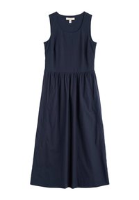 Marineblauwe, mouwloze jurk met ronde hals, geplooide taille en zijzakken; gemaakt van lichte, soepele stof.