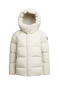 Pufferjakke i off-white, med høj krave, quiltet design, blød tekstur og en logoaccent på venstre ærme.