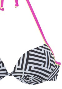Black and white patterned bikini top with a maze design, featuring pink straps with yellow accents. Adjustable ties for fit.