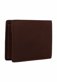Brown leather wallet with a smooth texture, bi-fold design, and visible stitching. Contains multiple card slots and a compartment for cash.