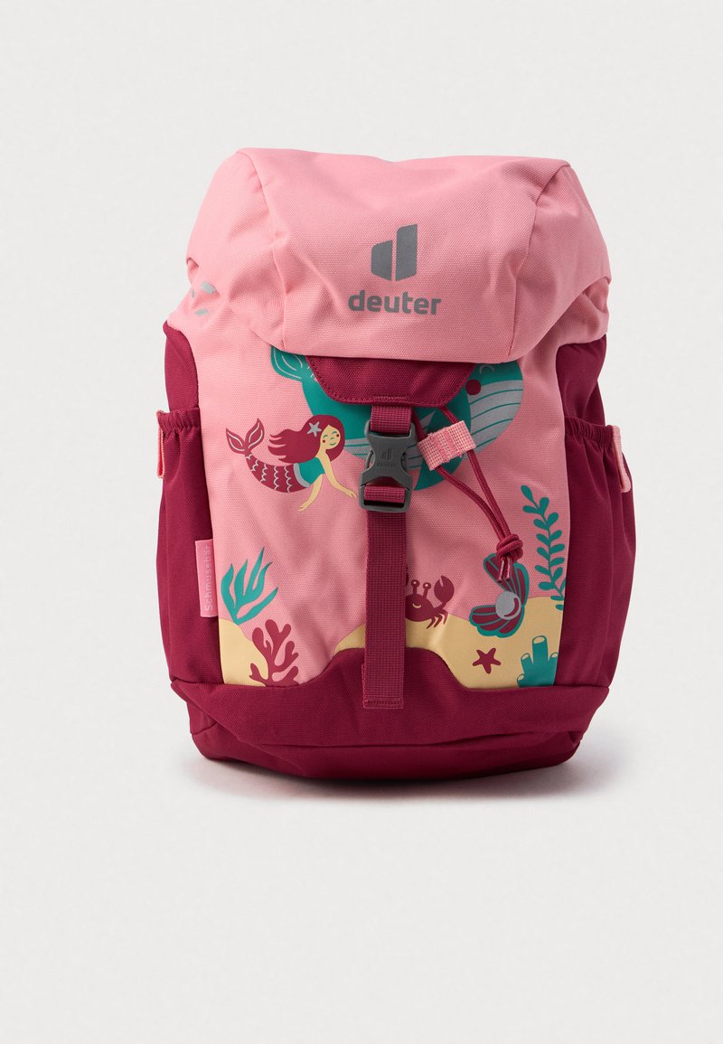 Zaino rosa e bordeaux con design a tema marino, spallacci regolabili e una patta superiore con chiusura a fibbia. Inclusi taschini laterali in rete.